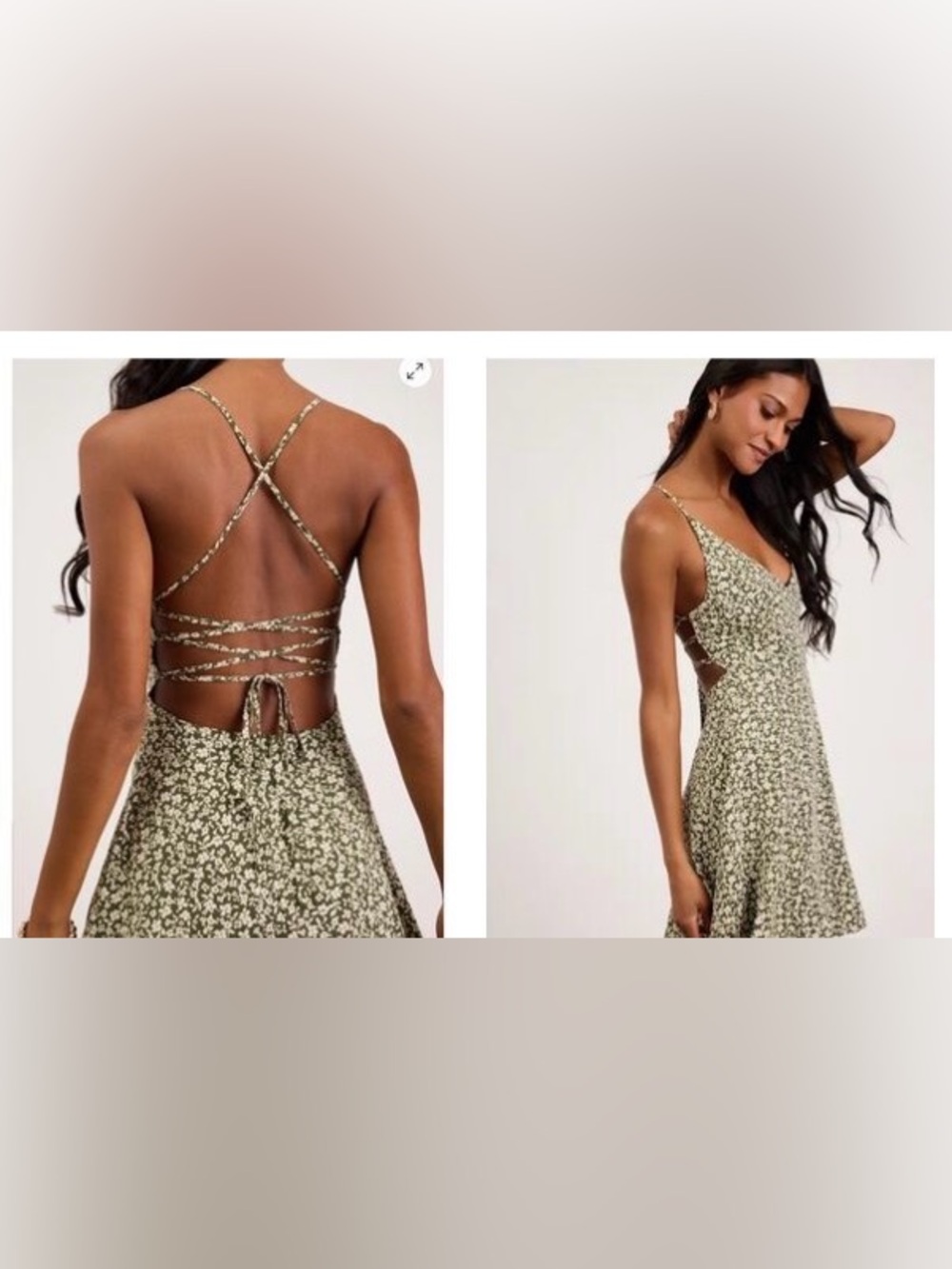 Lulus green floral lace-up sleeveless mini skater dress